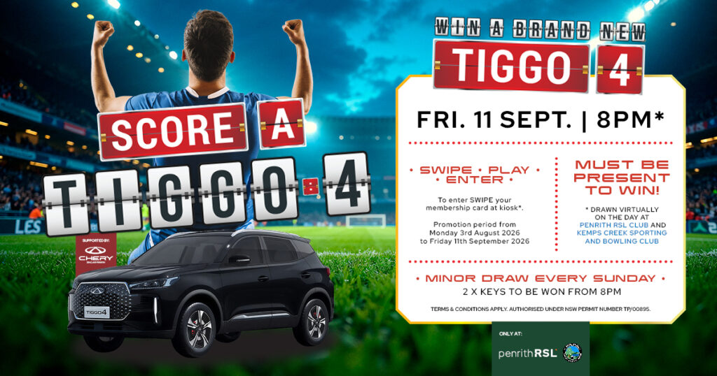 Score A Tiggo 4! Win A Brand New Chery Tiggo! Major Draw - Friday 11th September 2026. From 8.00pm. Swipe, Play & Enter!