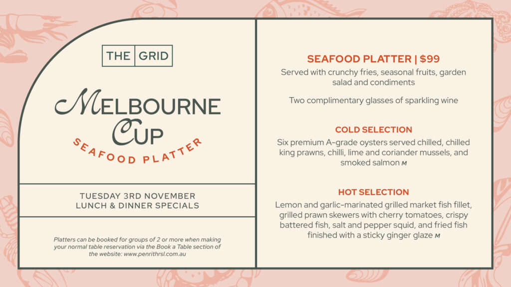 MELBOURNE CUP SEAFOOD PLATTER at The Grid. Penrith. TUESDAY 3RD NOVEMBER 2026. AVAILABLE LUNCH & DINNER SPECIAL