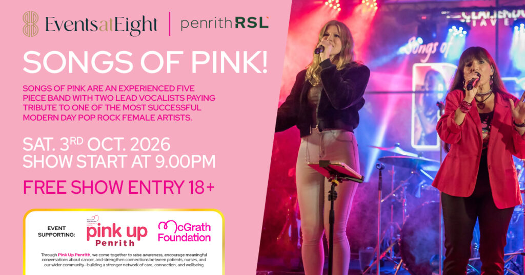 Songs Of Pink! Playing LIVE at Events at Eight inside Penrith RSL. Saturday 3rd October 2026 - 9.00pm. Free Show Entry 18+