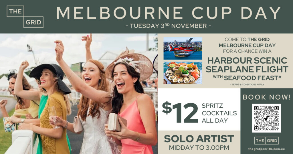Melbourne Cup Day at The Grid, Penrith RSL. Tuesday 3rd November 2026. $12.00 Spritz Cocktails All Day. Solo Artist from Midday to 3.00pm.