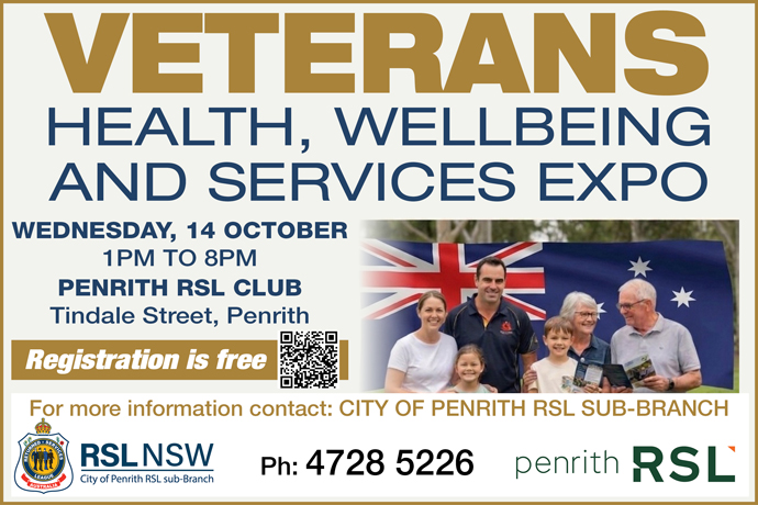 Veterans Health, Wellbeing And Services Expo. Wednesday 14 October 2026. 1.00pm - 8.00pm at Penrith RSL Club
